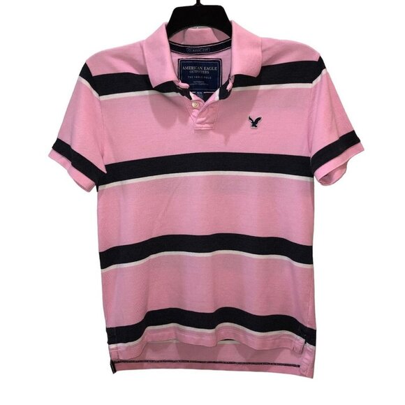 American Eagle Mens Medium Pink Striped Classic Fit Short Sleeve Polo Shirt Sz M - Picture 2 of 8